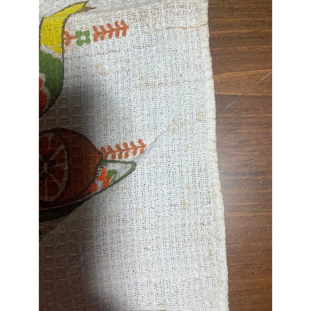 Vintage Leshner Waffle Weave Cotton Kitchen Tea Towel Retro Floral Fruit Orange